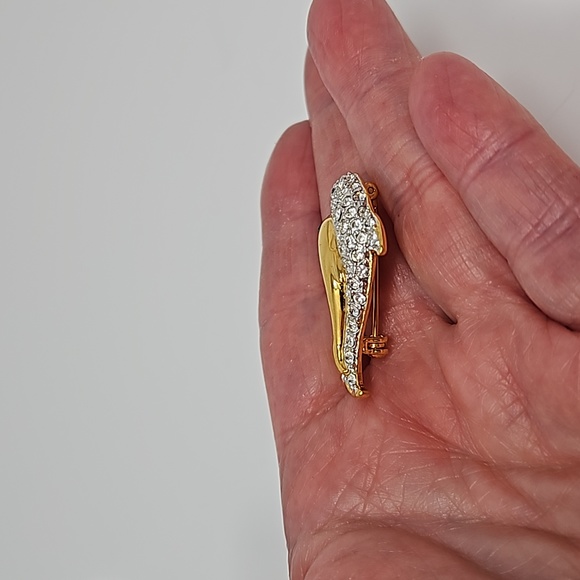 Dolphin Mother and Child Brooch Pin Rhinestones Gold Tone - Picture 4 of 9